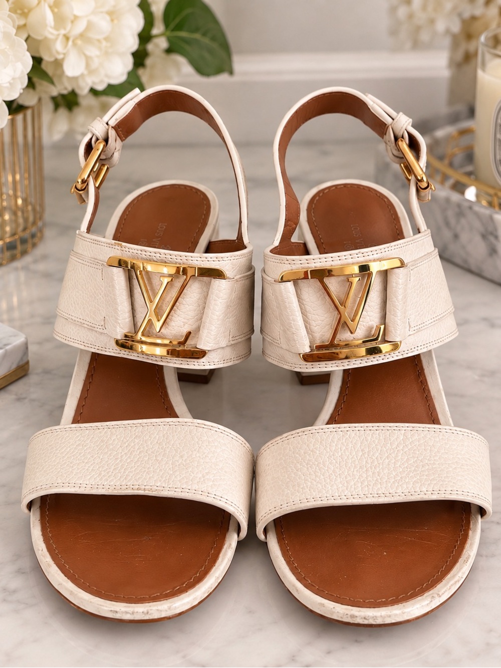 Louis Vuitton Ivory Leather Slingback Sandals with Gold LV Accent